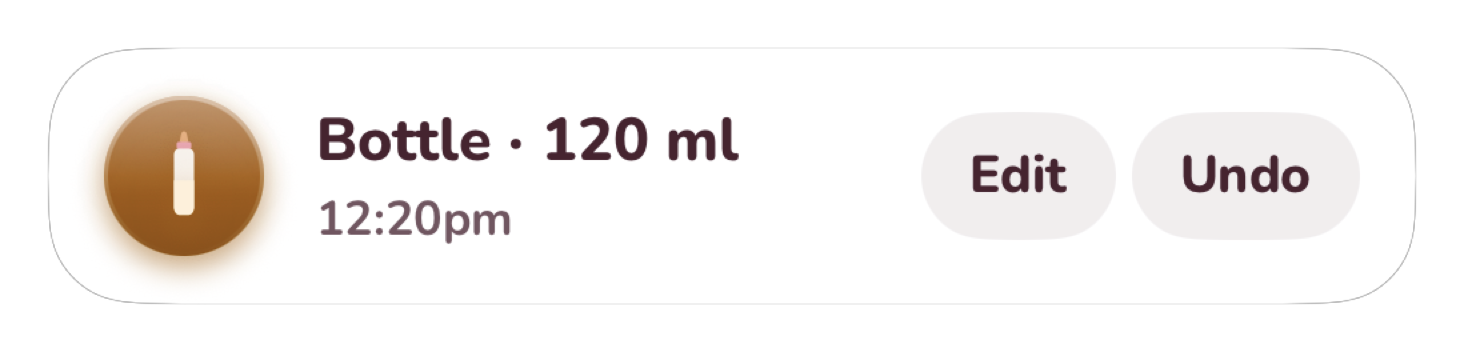 Ask logged it: a bottle, 120 ml at 12:20 PM, with Edit and Undo